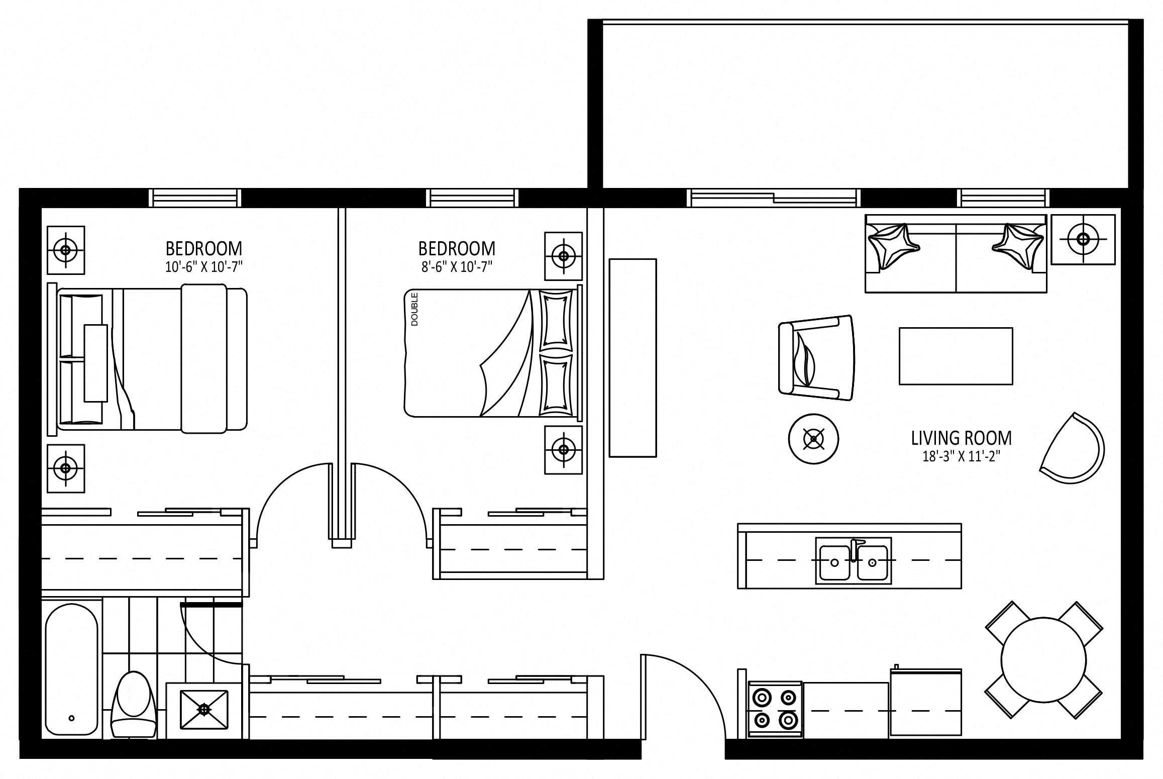 Floor plan for 2 beds, 1 bath, 790 sqft